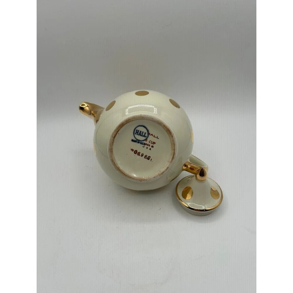 Hall Teapot 6 Cup Cream Ivory Gold Dot Vintage Mid Century Modern Ceramic